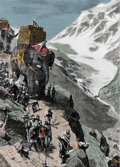 Második pun háború. Hannibal Barca serege átkelt az Alpokon, ie 218. századi olasz metszet. alkotó: Unknown artist