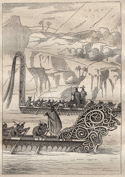 James Cook kapitány (1728-1779) második útja (1772-1775): Neo-Zelandans háborús kenuk (Neo Zelandaises) – az illusztráció a „” A 18. századi nagy tengerészek” című könyvből vett. alkotó: Unknown artist