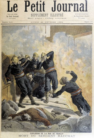 Bauchat őrmester a rue de Reuilly utcában történt robbanás után a tűzoltók közben életét vesztette. Az 1894-es „Kis Napló” illusztrációja. alkotó: Unknown artist