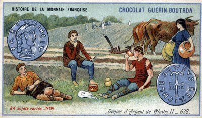 A francia valuta története sorozat, amelyet a Chocolat Guérin Boutron adott ki. 19. századi kromolitográfia. Clovis ezüst tagadója 638-ban alkotó: Unknown artist