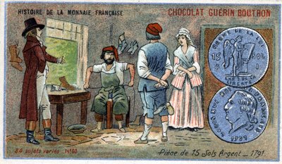 A francia valuta története sorozat, amelyet a Chocolat Guérin Boutron adott ki. 19. századi kromolitográfia. 15 ezüstföld érméi 1791-ben alkotó: Unknown artist