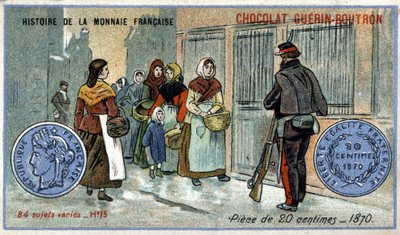 A francia valuta története sorozat, amelyet a Chocolat Guérin Boutron adott ki. 19. századi kromolitográfia. 20 centimes érme 1870-ben alkotó: Unknown artist