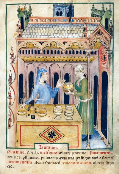 Bolt vajas kenyérrel és két nővel, illusztráció a Tacuinum sanitatisből, illuminált kézirat, egy arab mű latin újrakiadása a 11. századból alkotó: Unknown artist