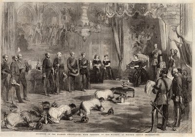 A sziámi nagykövetek felkúsztak Viktória Iere királynőhöz (1819-1901) és Albert herceghez (1819-1861) a windsori kastélyban tett látogatásuk során. Metszet az 1857. december 5-i „” The illustrated London News”-ba. alkotó: Unknown artist