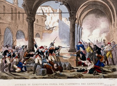 Zaragoza (Zaragoza) és a kapucinus kolostor ostroma 1808-ban. A korszak színes metszete. Milánó alkotó: Unknown artist