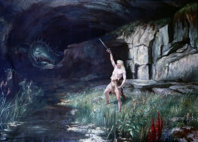 Siegfried Fafner sárkány felé fordulva meglengette a kardját. Richard Wagner (1813 - 1883) "" A nibelungok gyűrűje" című opera színpada. Festmény. alkotó: Unknown artist
