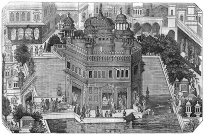 Szikhizmus: kilátás az Arany Templomra (Harmandir Sahib), a szikh vallás kulturális központjára, a medencére és Amritsar városára Indiai Panjab államban (Lahore királysága). „A festői boltban” 1836 alkotó: Unknown artist