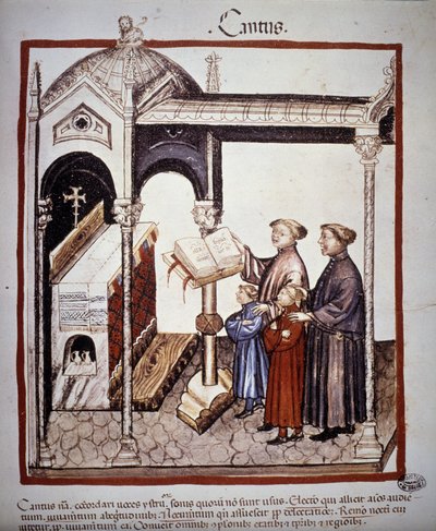 Éneklés (templomban éneklő család) - a 14. századi „” Tacuinum Sanitatis””-ban. B.N, Bécs. alkotó: Unknown artist