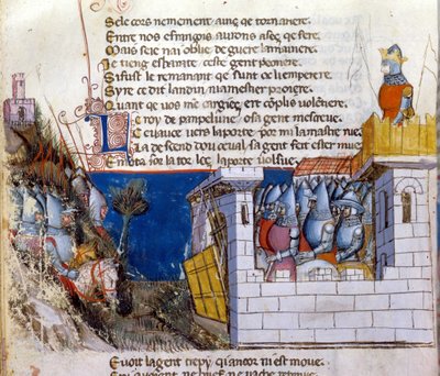 A gesztus éneke: a felvonóhíd által védett, várba menekült ellenséges hadsereg megtámadására feltartóztatott hadsereg. Miniatűr a francia-olasz „” Entree d