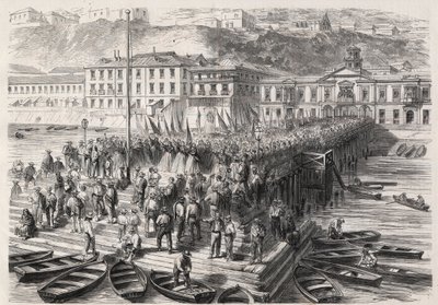 Dél-amerikai spanyol háború Chile és Spanyolország között, 1865. szeptember: Valparaiso hölgyei a kikötőt blokkoló spanyol osztag jelenlétében hazafias himnuszokat énekelnek – Metszet: „A jeles világ” alkotó: Unknown artist