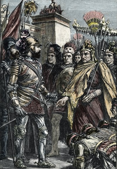 Mexikó spanyol meghódítása: Hernan Cortes és II Montezuma találkozója 1519-ben. alkotó: Unknown artist