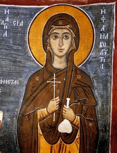 Szent Anasztázia, lovak gyógyítója palackkal és kereszttel, Asinou Miasszonyunk bizánci temploma (XII. század) (UNESCO Világörökségi Lista, 2001), Troodos-hegység, Ciprus, Részlet alkotó: Unknown artist