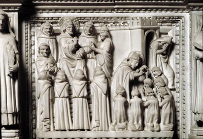 Szent Ágoston bárka a szent ereklyéivel, a dombormű részlete, amely Szent Ágoston vitáját és megkeresztelkedését mutatja be. Márvány szobor alkotó: Unknown artist