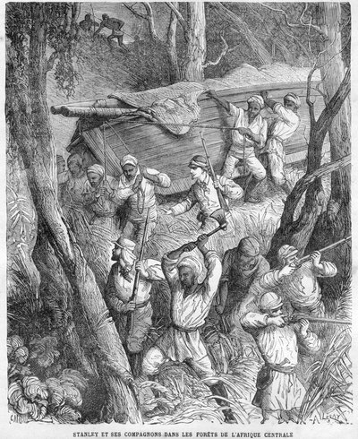 Stanley Afrikában - Stanley expedíciója Közép-Afrikába 1874-1877: Menetelés a dzsungelben - Fametszet Horace Castelli (1825-1889) rajza alapján. alkotó: Unknown artist