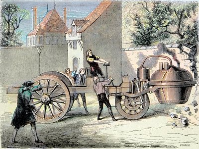 Nicolas Joseph Cugnot (1725-1804) által feltalált gőzüzemű autó, amely 1770-ben elvesztette az irányítást, és ledöntötte a fal egy részét (első jelentés szerint „autóbaleset”) - az „Album de la Science; kiváló tudósok; Nagy felfedezések”” 1896 alkotó: Unknown artist