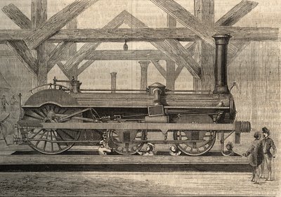Gőzmozdony modell, Crampton rendszer, Thomas Russell Crampton (1816-1888). Metszet 1856-ból. alkotó: Unknown artist