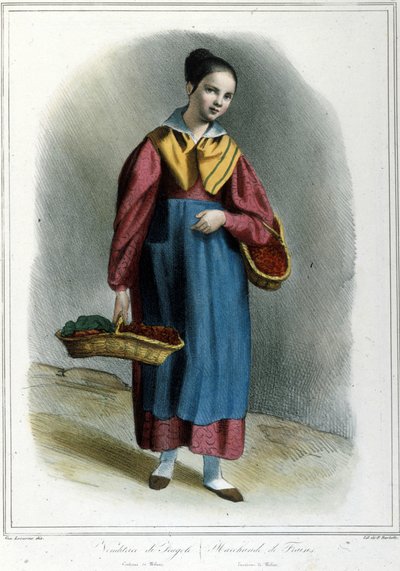 Eper eladónő. Metszet a "" locarnói milánói kosztümből "" alkotó: Unknown artist
