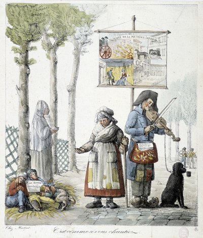 Utcazenészek, kolduló gyerekek – litográfia alkotó: Unknown artist