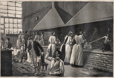 Diákok és professzorok a párizsi Conservatoire des Arts et Metiers (Arts-et-Metiers) gyakorlati laboratóriumában alkotó: Unknown artist