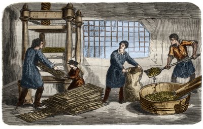 Cukorgyártás: lé kinyerése répapépből. A pépet zsákokba töltik, amelyeket egy hidraulikus prés tálcája alá raknak. Metszet 1859-ből a „Tudományos Múzeumban”” alkotó: Unknown artist
