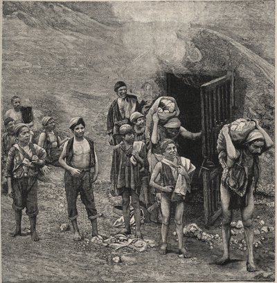 Kénbányászat (Zolfara) Szicíliában, rajz alkotó: Unknown artist