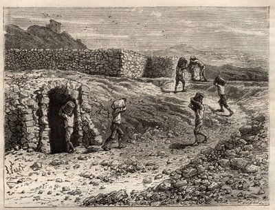 Kén – kénbánya Girgentiben, Szicíliában – Louis Figuier vésése a „Les Merveilles de l