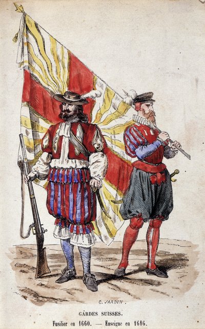 Svájci gárda: Fusilier 1660-ban és zászlós 1616-ban. alkotó: Unknown artist