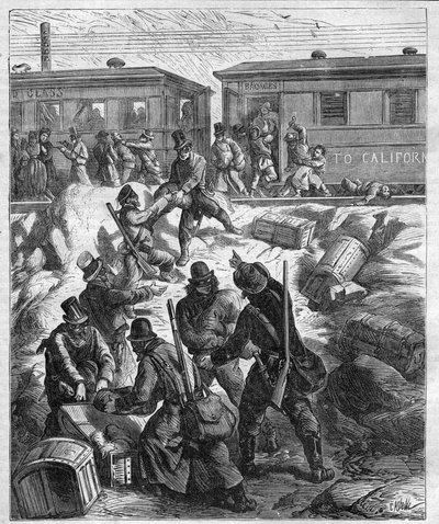 A TÁVOLI NYUGATI VONAT TÁMADÁSA - a Pacific Railway - a vonatot támadták meg a rablók maszkja - 1887-es metszet alkotó: Unknown artist