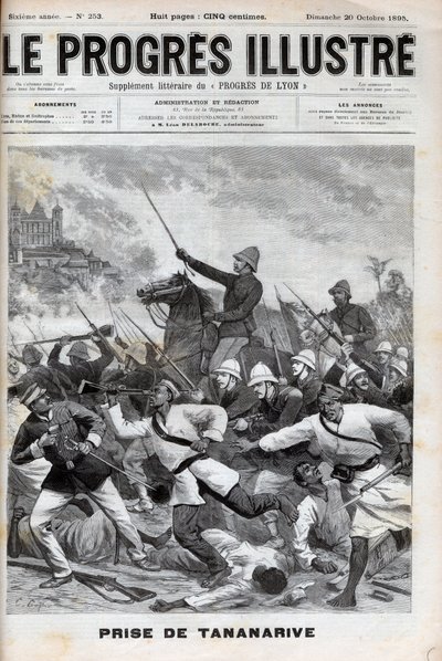 Antananarivo elfoglalása – A francia hadsereg megszállta Antananarivót 1895 – Conquete de Madagascar. - Tananarive elfoglalása a francia expedíciós erők által 1895. szeptember 30-án - "" Le Progres illustrious"-ba vésve, 1895. alkotó: Unknown artist