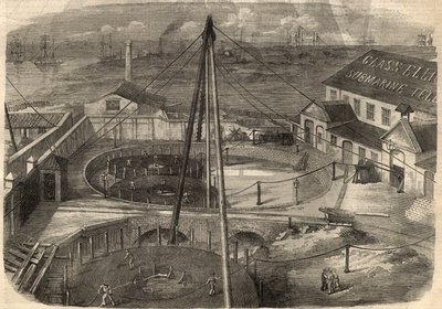 Távírás: A kelet-greenwichi (Anglia) Elliot and Company Glass gyárában gyártott transzatlanti kábel készen áll a szállításra. Gravírozás a március 14-i „” The Illustrated London News”-ba alkotó: Unknown artist