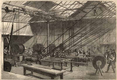 Távírás: transzatlanti kábel gyártása. Guttapercha kábel bevonó gépei a Glass, Elliot and Company Wharf Road-i gyárában Londonban, Angliában. Gravírozás a március 14-i „” The Illustrated London News”-ba alkotó: Unknown artist