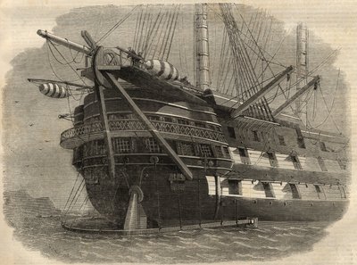 Távírás: a H.M.S. hajó farának képe. „Agamemnon””, amely az első transzatlanti kábelt fogja lefektetni. Gravírozás a június 5-i „” The Illustrated London News”-ban alkotó: Unknown artist