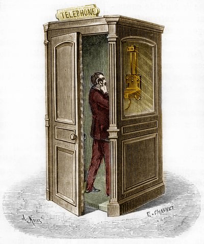 Telefonfülke 1888-ban. Metszet a „The Journal of Youth”-ban alkotó: Unknown artist