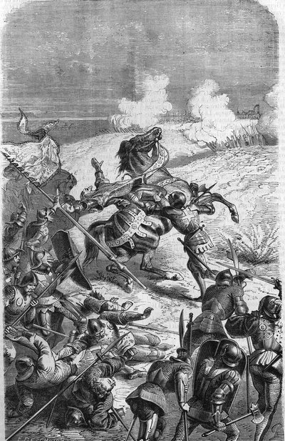 A 75 éves veterán John Talot egy 3000 fős expedíció élére állították, amely 1452. október 17-én debarkált Guyenne-ben. Talbot csatában bekövetkezett halálát ábrázoló metszet. századi metszet. alkotó: Unknown artist