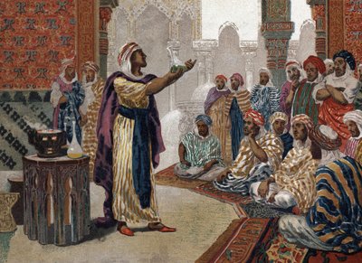 Az arab alkimista Geber (Jâbir ibn Hayyan) (v721-v815), a kémiát. Barcelona 1881 alkotó: Unknown artist