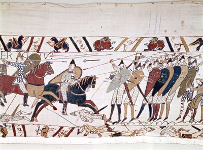 A hastingsi csata, amelyet I. Hódító Vilmos (1027-1087) nyert meg 1066.10.14-én, és amely során II. Harold angol király meghalt (1022-1066). Bayeux gobelin, Mathilde királynő hímzéseként ismert alkotó: Unknown artist