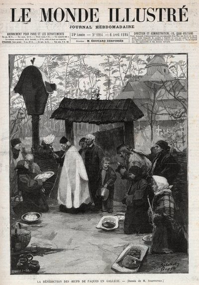 A húsvéti tojások áldása Galíciában (Kis-Oroszország) – metszet az 1895-ös „The Illustrious World”-ben alkotó: Unknown artist