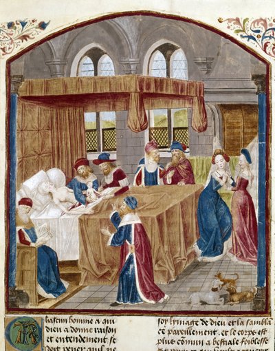 Jules Cesar születése – A miniatűr Jules Cesar a Domitianus Római tényeiből, Lucan (39-65), Suetone (70-122) és Salluste (i.e. 86-34) szövegeiből alkotó: Unknown artist
