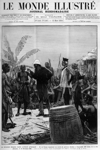 A Brazza-misszió Nyugat-Afrikában: Pietro Paolo Savorgnan di Brazza vagy Pierre Paul Francois Camille Savorgnan de Brazza (1852-1905) Batekes szállítói konvojt szerveznek Franceville-be (Gabon) december 14-én alkotó: Unknown artist