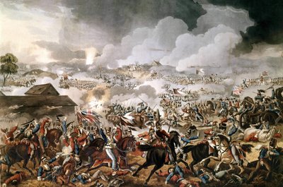 A Wellington hercege (1769-1852) vezette brit hadsereg 1815. június 18-án megnyerte a waterlooi csatát I. Napóleon francia csapatai ellen. A korszak metszete. alkotó: Unknown artist