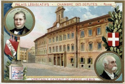 A képviselőház Rómában (Olaszország), gróf Camillo Benso de Cavour (1810-1861) és Francesco Crispi (1819-1901) portréival - Liebig kromolitográfia alkotó: Unknown artist