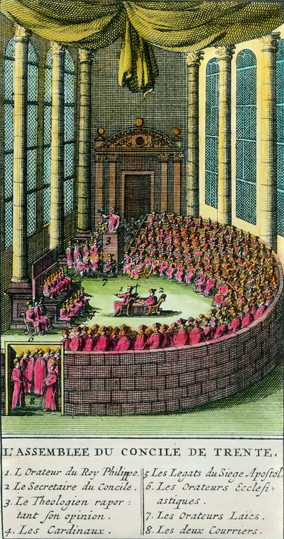 A tridenti zsinat. Illusztráció a közgyűlésen jelenlévő tagok leírásával. A tridenti zsinatot III. Pál pápa (a római katolikus egyház képviselője) hívta össze 1545-ben Luther Márton kérésére. alkotó: Unknown artist