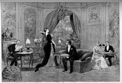 Riverolles grófja, Francine, Stanislas de Grandredon, Therese Smith és Henri de Simeux, a „Francillon” című darab szereplői, Alexandre Dumas (1824-1895) vígjátéka a párizsi Comedie-Francaise-ban (1887). Metszet a „” Le monde illustriou”-ban alkotó: Unknown artist