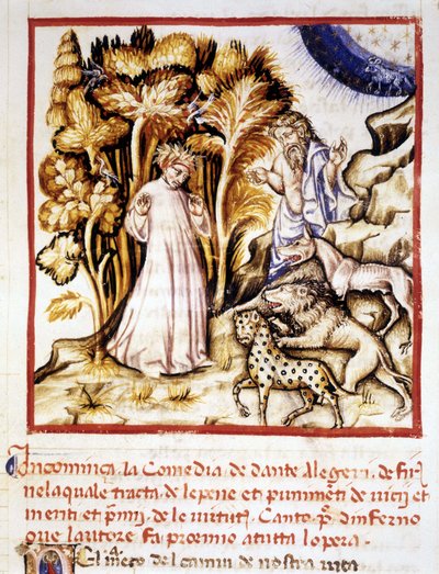 Dante Alighieri isteni színjátéka. Dantét, Vergiliust és a három fenevadat ábrázoló miniatűr. 14. századi kézirat. Városi Bibl. Riminiből. alkotó: Unknown artist