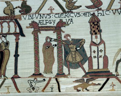 Normandia hercege, Hódító Vilmos (1027-1087) lányát, Aelfgyvét Haroldnak ígéri feleségül Balra lent, meztelen férfi ábrázolása. Részlet a Bayeux-i kárpitról vagy Mathilde királynő hímzéséről alkotó: Unknown artist