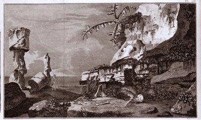 A Húsvét-sziget (Rapa Nui) Polinéziában a „Viaggi del Capitano Cook” után, XIX. századi metszet. alkotó: Unknown artist