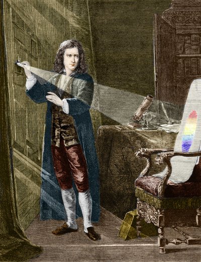 Isaac Newton (1642-1727) angol fizikus, aki üvegprizmával bontja le a fényt. Metszet 1880-ból. alkotó: Unknown artist