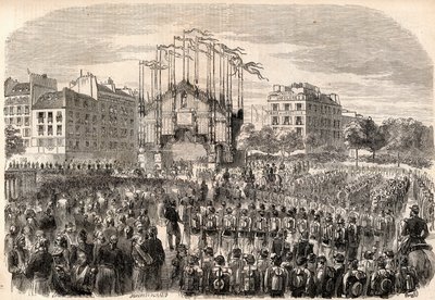 A párizsi ünnepek, az olasz hadsereg bevonulása Párizsba, Diadalív a Place de la Bastille-nál, a milánói dóm elülső részét jelképező - A csapatok visszatérése a Risorgimento után, Párizs alkotó: Unknown artist