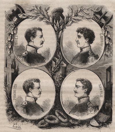 A La Rochelle-i négy őrmestert (Jean Francois Bories (1795-1822), Jean Joseph Pommier (1796-1822), Marius Claude Raoulx (1797-1822) és Charles Goubin (1798-1822) a restauráció alatt azzal vádolják, hogy meg akarják dönteni. a monarchia és a guillotine 1822 alkotó: Unknown artist