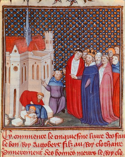 A Meroving-dinasztiához tartozó I. Dagobert frank király (603/608-639), aki egy miniatűr épület építését felügyeli a „Les grandes Chronicles de France” vagy „Les Chronicles de Saint Denis” 14. századi Chantilly, Musee Conde alkotó: Unknown artist
